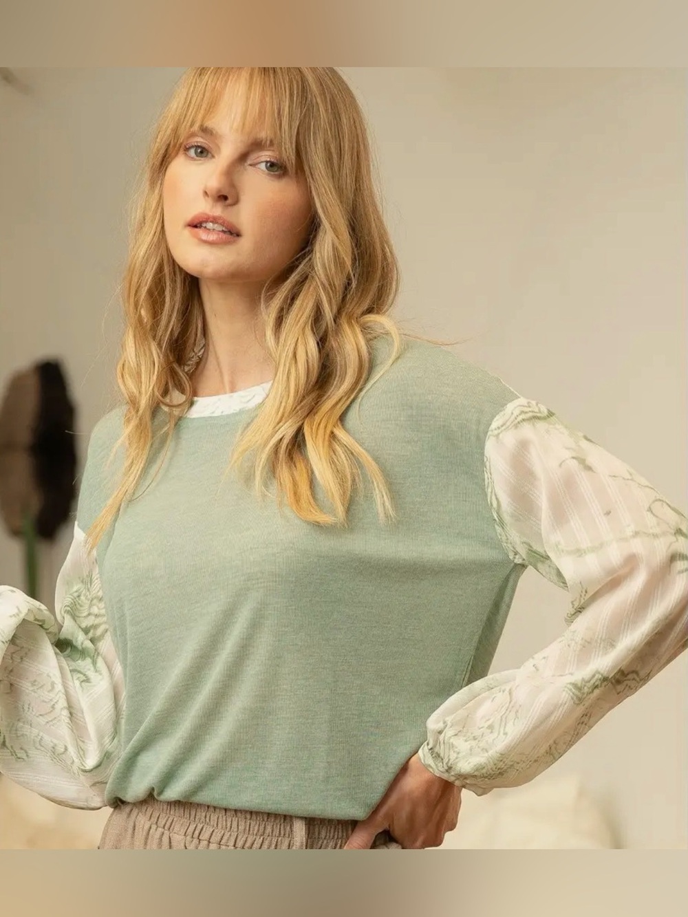 Light Green Mixed-Sleeve Women’s Top